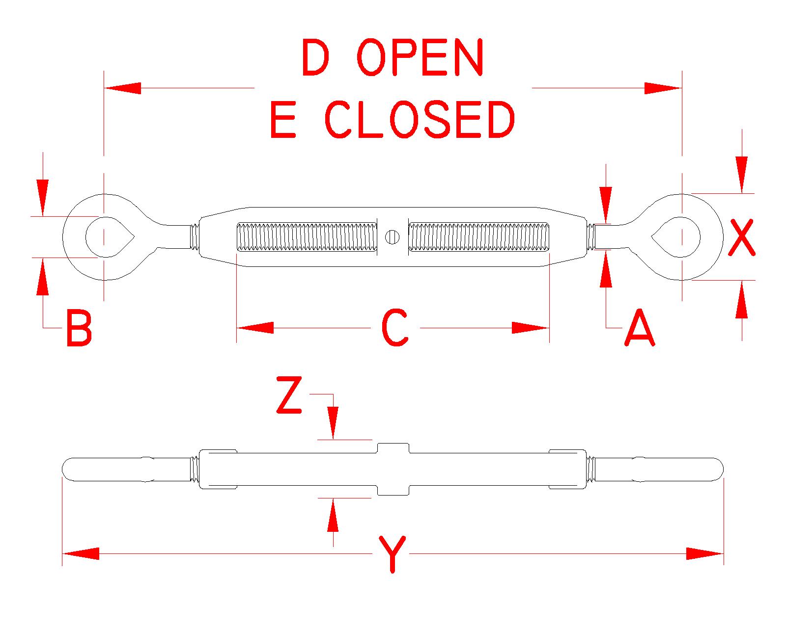 Stainless Steel Cast Eye and Eye Turnbuckle, S0154-EE05, S0154-EE07, S0154-EE08, S0154-EE10, S0154-EE13, S0154-EE16, S0154-EE20, Line Drawing Stainless Steel Cast Eye and Eye Turnbuckle, S0154-EE05, S0154-EE07, S0154-EE08, S0154-EE10, S0154-EE13, S0154-EE16, S0154-EE20, Line Drawing